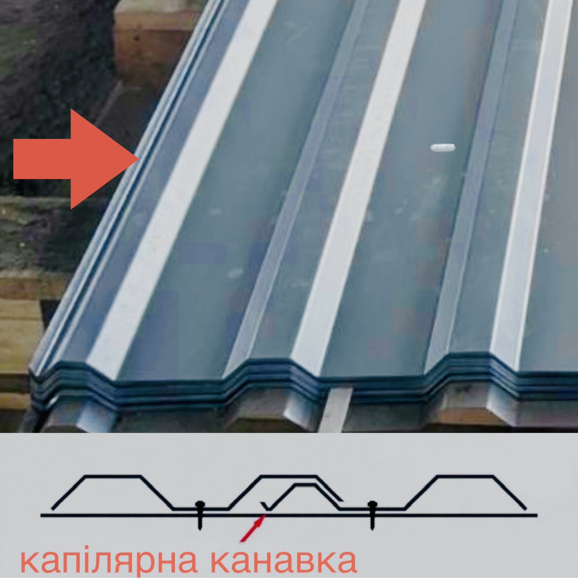 Профлист покрівельний ПК20  з капілярною канавкою для запобігання протікання води на стиках. 